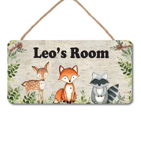 Woodland Animals Name Sign -5" x 10" Door Sign- Woodland Animal Theme - Room Sign - New Baby Gift - Custom Name Sign