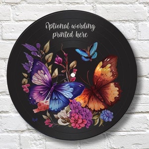 Vinyl Record Art with Butterflies and Flowers, 12&quot; Real Vinyl Record Printed with Butterfly Design & optional message, upcycled vinyl record