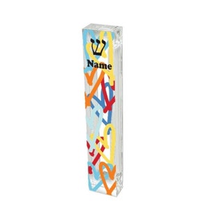 May include: A clear acrylic mezuzah case with a colorful design of hearts in shades of blue, yellow, orange, and red. The case has a Star of David and the word "Name" printed on it.