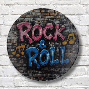 Vinyl Record Art, 12&quot; Real Vinyl Record Printed with Rock & Roll in Graffiti, artist, musician, retro wall art, upcycled vinyl record art