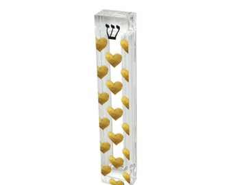 Gold Hearts Acrylic Mezuzah Case, Personalized Modern Judaica Gift