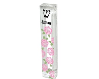 Pink Roses Personalized Acrylic Mezuzah Floral Judaica Gift - New Baby Judaica Gift