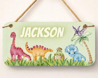 Dinosaur Name Sign - 5" x 10" Watercolor Dinosaurs Name Sign - Dinosaur Room Decor - Custom Room Sign - Boy Name Sign - custom Kids art
