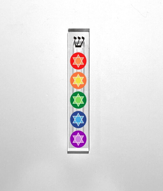 Mezuzah - Rainbow Colored Jewish Stars - Acrylic Mezuzah - Modern Mezuzah - Personalized Judaica Gift - Stars of David Mezuzah - Colorful