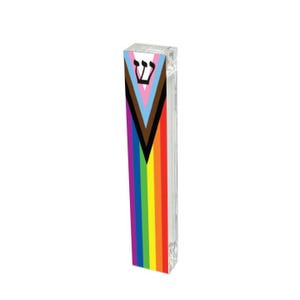 May include: A clear glass mezuzah case with a rainbow pride flag and a black, brown, light blue, and pink triangle with the Hebrew letter Shin in the center.
