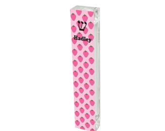 Pink Strawberry Personalized Acrylic Mezuzah - Kids Room Judaica Gift