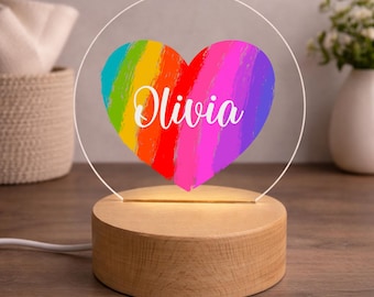 Personalized Rainbow Heart Round LED Light – Custom Name Acrylic Night Light
