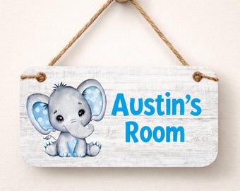 Baby Elephant Bedroom Name Sign- Baby Boy Room -Nursery Name Sign -Baby Name Sign -Personalized Name Sign -5" x 10" Door Sign- Blue Elephant