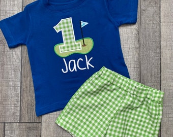 Golf First Birthday Outfit, Embroidered Applique Shirt & Gingham Shorts