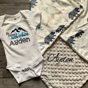 Woodlands Adventure - Bear Deer Fox - Forest Animals Handmade Minky Baby Blanket with Matching A New Adventure Onesie Personalized
