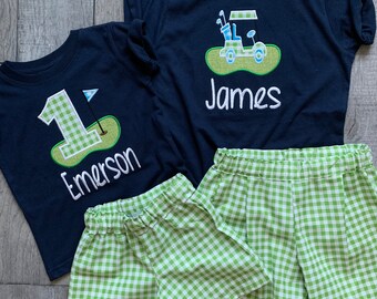 Hole in One Golf Baby First Birthday Embroidered Applique Shirt or Shorts Boy or Girl