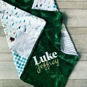 Forest Dear Fox Bears Plush Minky Blanket Handmade Personalized