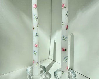 Pink Roses & Forget Me Nots Taper Candles (Set of Two)