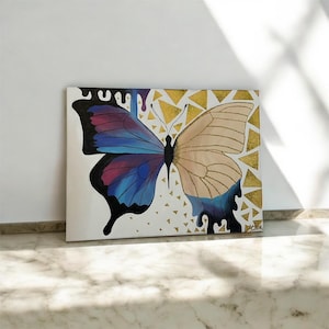 Dipinto di farfalle, arte blu e oro, arte di farfalle blu, arte murale gocciolante, dipinto geometrico in oro, dipinto su tela di farfalle