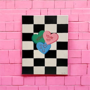 Pintura de corazones de caramelo, arte a cuadros en blanco y negro, pinturas, decoración a cuadros, arte de San Valentín, arte de pared con corazones