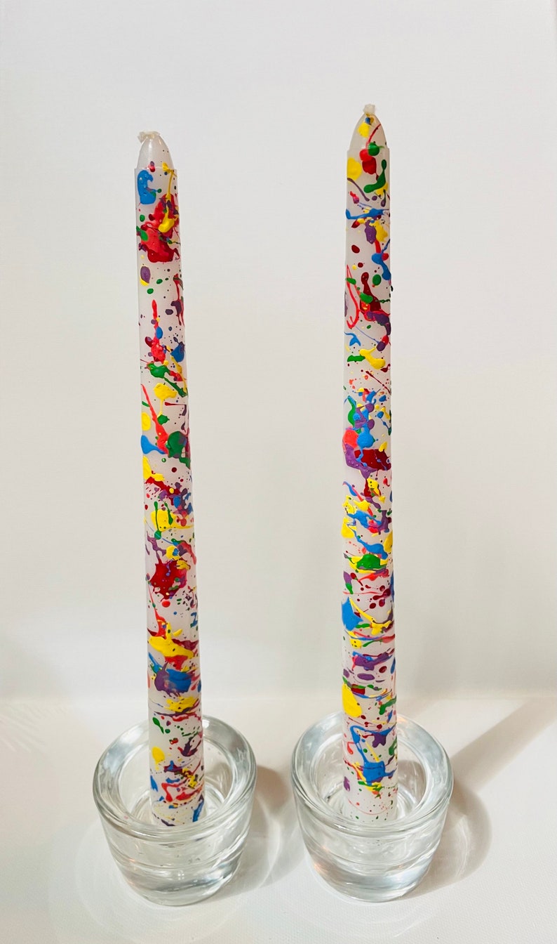 Splatter Paint Rainbow Taper Candles Set of Two image 2