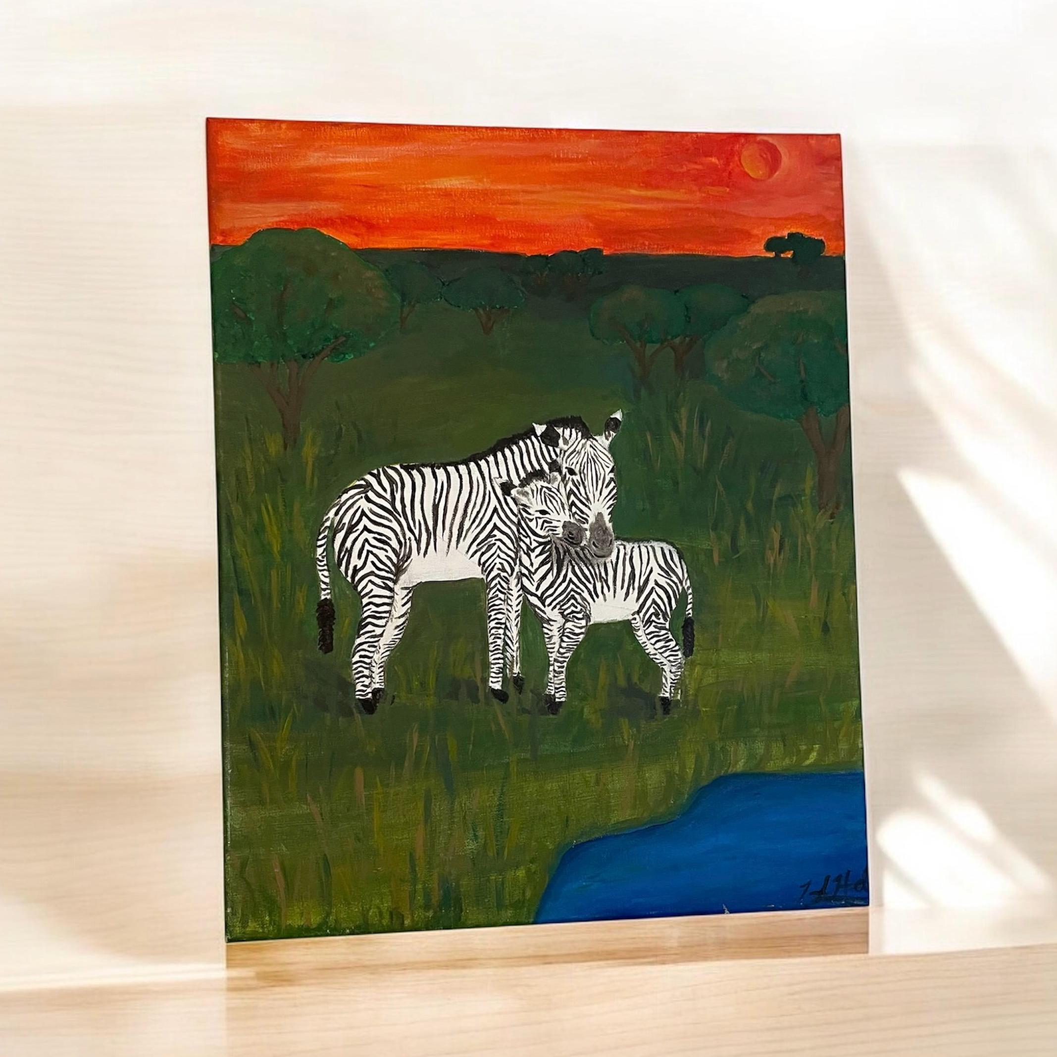 母シマウマと子シマウマのアクリル画：アフリカの夕日キャンバスアート 