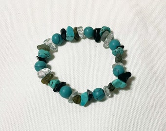 Turquoise Stone and Bead Stretchy Bracelet