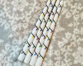 Christmas Lights Taper Candles (Set of Two) - Hand Painted