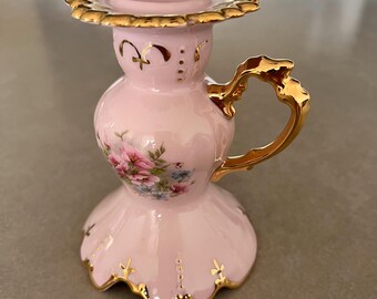 Vintage Pink Porcelain Stick Holder with Flower Décor - Handmade and Gold Plated, Carlsbad Czech Republic