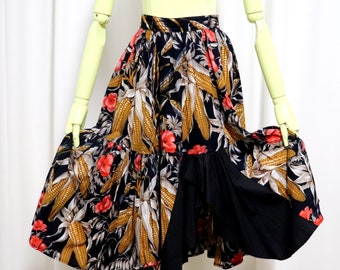Jupe midi en coton à fleurs VTG avec fente : imprimé maïs et fleurs, taille S, fabriquée en Italie
