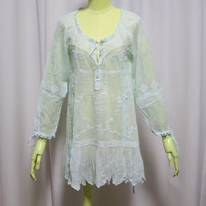 Ibiza Embroidery Tunic: Mint Green Cotton Summer Beach Dress, Size M
