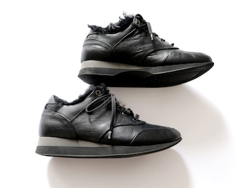 Vintage MAX MARA Soft Black Leather Sneakers: Goat Fur Lined, Made in Italy, Size 37.5