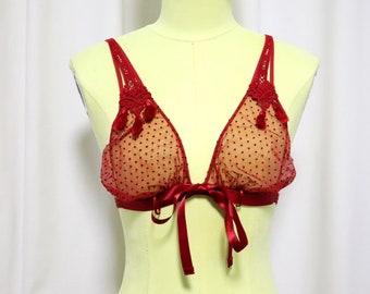 Vintage Red Sheer Triangle Bra with Satin Ribbon | Chic Lingerie Soft Tule Bra Size M made in Italy