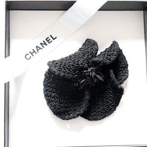 Auth CHANEL Camellia Brooch | New Vintage Chanel Black Camellia Brooch/Pin with authenticity Chanel plate made in France