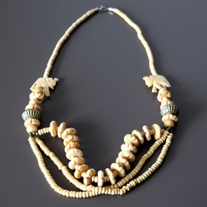 Vintage Boho Elephant Necklace | Hand-Carved Bovine Bone Beads | Multi-Strand Ethnic Statement Jewelry