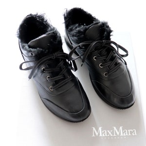 Vintage MAX MARA Black Leather Sneakers | Goat Leather Fur Lined | Dual Leather & Fur Soles | Size 37.5 | Made in Italy