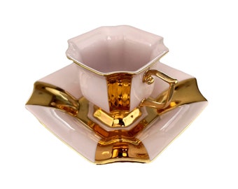 Vintage Haas & Czjzek Gold Plated Rose Porcelain Coffee Cup with Saucer | Czechoslovakia | Art Deco