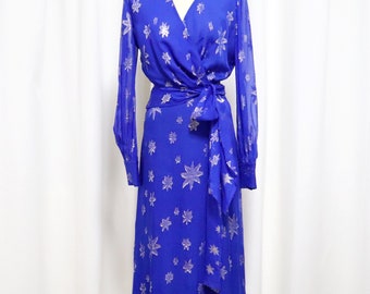 COUTURE Blue Silver Star Silk Dress | Vintage Space Couture Long Evening Dress with belt and side slit and lining size 40 made in Italy