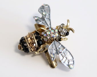 Vintage Bee Brooch with AB Rhinestones and Faceted Crystals | Insect Jewelry