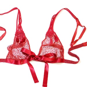 May include: Red lingerie set with a sheer, dotted fabric, satin bow, and adjustable straps. The bra has delicate lace detailing and small tassels. The set is designed with a classic silhouette and a romantic aesthetic.