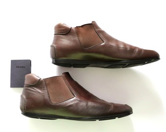 Vintage PRADA Men Boots | Authentic Prada Men Car Ankle Boots Dark Brown Size 9/43 made in Italy