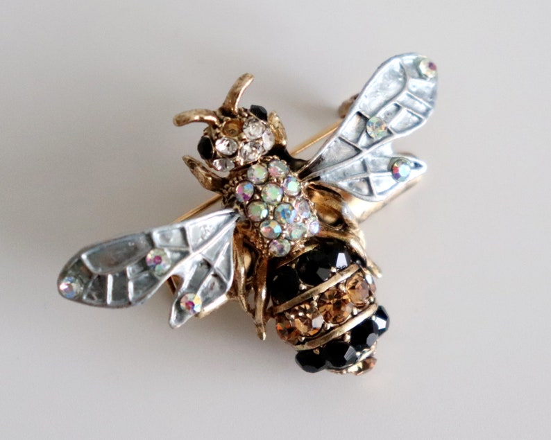Vintage Bee Brooch with AB Rhinestones and Faceted Crystals Insect Jewelry image 2