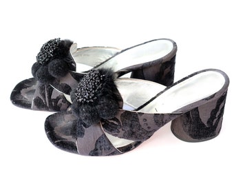 MARC JACOBS Black Mules Size 39.5 | Jacquard Heeled Pom Pom Sandals made in Italy