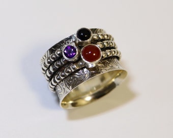 Silver Spinner Ring with Onyx Amethyst Stones | Meditation Sterling Silver Ring with Gemstones | Thumb Band Spinner Ring | Ring Size US 8.5