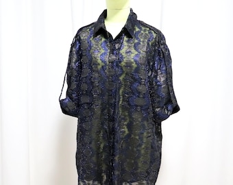Vintage LANVIN Silk Blouse, Blue & Gold with Shimmering Metallic Threads, 3/4  Sleeves, Size 46 IT, Button Front, made in France
