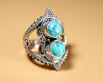 Turquoise Double Stone Silver Ring | Natural Turquoise Sterling Silver Ring | Boho Chic Turquoise Ring | Size US 7, EU 54