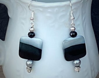 Dangle Earrings|Boho Earrings| Bead Earrings|Black Earrings|Gray Earrings|Silver Earrings|Square Earrings|Handmade Jewelry|Gifts for Her