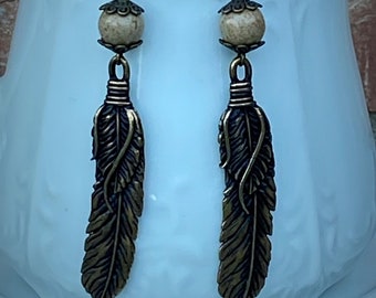 Feather Earrings|Dangle Earrings|Boho Earrings|Antique Gold Earrings|Natural Stone Earrings|Handmade Earrings