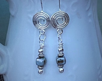 Dangle Earrings|Boho Earrings|Silver Earrings|Glass Bead Earrings|Blue Earrings|Wire Earrings|Casual Jewelry|Gifts for Her