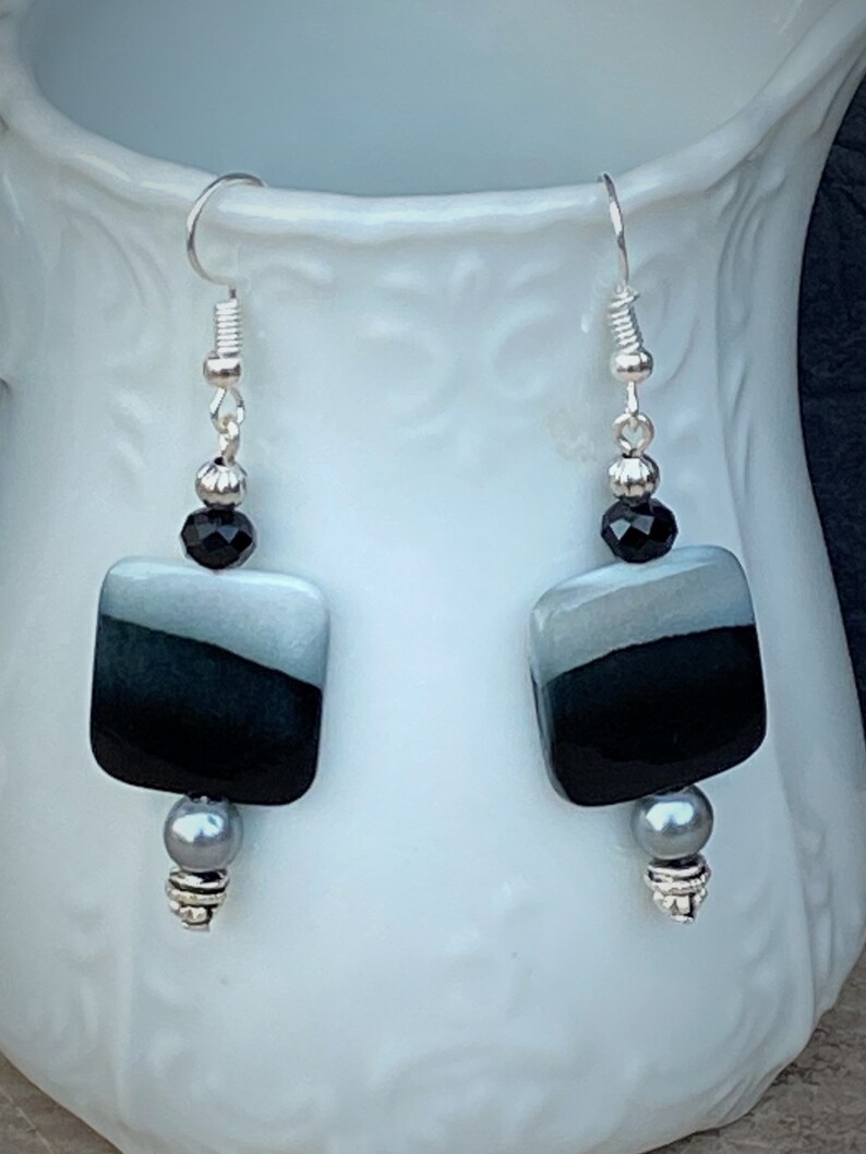 Dangle EarringsBoho Earrings Bead EarringsBlack EarringsGray EarringsSilver EarringsSquare EarringsHandmade JewelryGifts for Her image 4