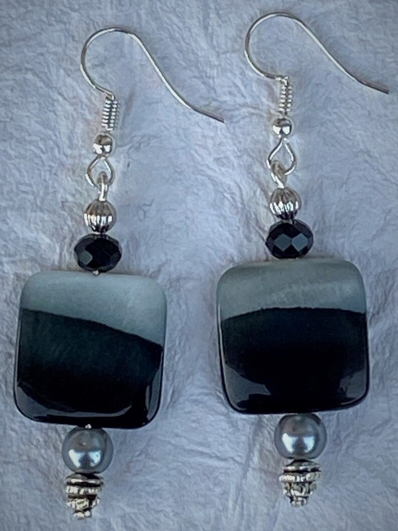 Dangle EarringsBoho Earrings Bead EarringsBlack EarringsGray EarringsSilver EarringsSquare EarringsHandmade JewelryGifts for Her image 3