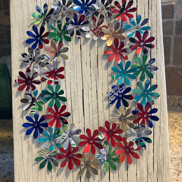 Metal Flower Wreath on Wood Board - Handmade Soda Can Art