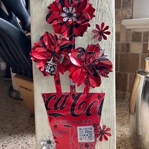 Coke Zero Pot of Flowers Sign - Handmade, Upcycled Wall Art - Coke Wall Sign - Coke Zero Flower Pot - Coca-Cola Metal Flowers on Wood