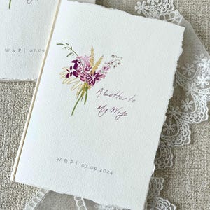 Libros de votos de boda con flores, elegante folleto de votos, ramo morado dibujado a mano, boda con flores silvestres, regalos de boda, regalo de despedida de soltera