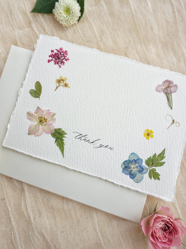 Handmade Thank You Cards With Pressed Flower, Stamped Thank You Note ...